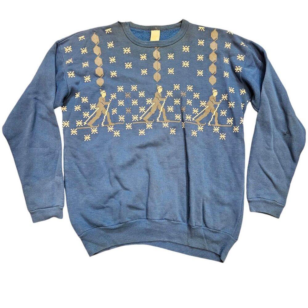 Vtg Crew Sweatshirt Mens Size M Cross Country Skiier USA Made 80s Blue AOP